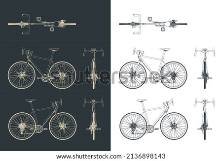 Stylized vector illustration of blueprints of bicycle