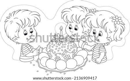 Happy little kids, a traditional holiday cake and painted Easter eggs, black and white outline vector cartoon illustration for a coloring book