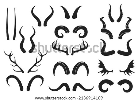 Animal horns silhouettes, antelope, ram, goat, buffalo horn. Deer antlers, hunting trophy, wild animals horn and antler silhouette vector set. Curled big and small horns of different shapes Royalty-Free Stock Photo #2136914109