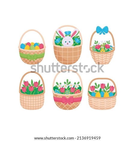 Easter baskets set in flat style isolated on white background. Easter bunny, baskets with flowers and painted eggs