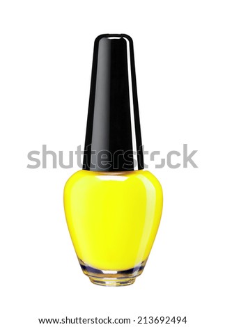 Vibrant colourful yellow nail varnish / studio photography of nail polish bottle with black lacquer cap over white background 