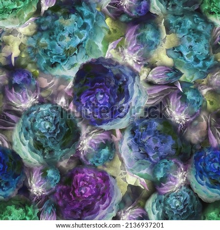 Beautiful vivid blue roses  on blurred background. Seamless floral pattern. Watercolor painting. Hand drawn illustration. Can be used as fabric, wallpaper design