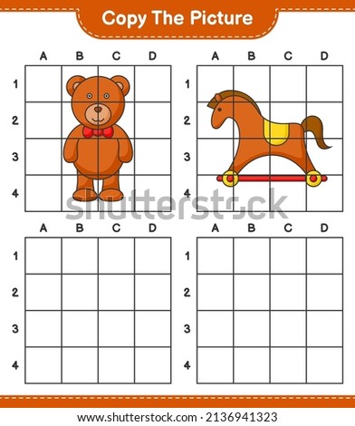 Copy the picture, copy the picture of Teddy Bear and Rocking Horse using grid lines. Educational children game, printable worksheet, vector illustration