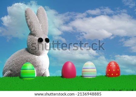Easter background with rabbit, chicken and eggs. 3D render illustration.