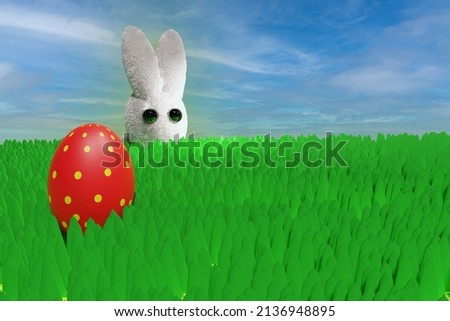 Easter background. Rabbit with egg in the meadow. 3D render illustration.