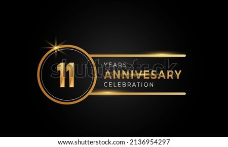 11 Year Anniversary Celebration Golden and Silver Color with Circle Ring for Celebration Event, Wedding, Greeting card, and Invitation Isolated on Black Background