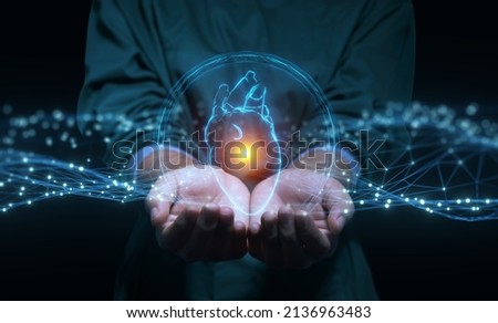 Human heart hologram user interface screen infographic, Artificial intelligence AI assistance with, Medical healthcare technology concept of doctor surgeon holding human heart, futuristic 3d rendering
