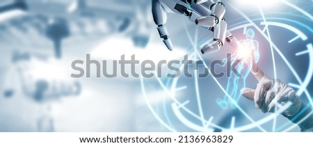 Robot hand ai artificial intelligence assistance for medical healthcare practices operation surgical performance, unity with human and ai concept, with graphical icon display blue banner background Royalty-Free Stock Photo #2136963829