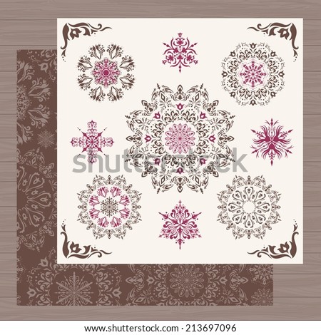 Vintage vector snowflakes | Set of elegant lace snowflakes in retro style with seamless pattern