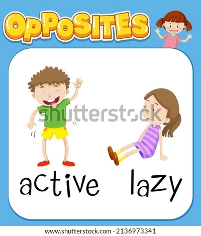 Opposite words for active and lazy illustration