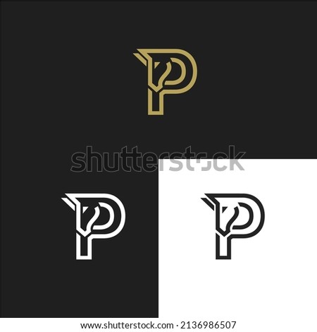 Abstract Letter P Horse Logo Design with 3 variation colors. Vector illustration. Stylized horse line logotype.