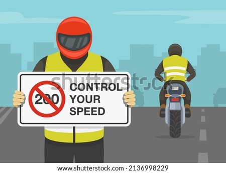Safety motorcycle driving rules and tips. Control your speed warning. Motorcycle rider holding do not exceed speed limit sign. Flat vector illustration template.