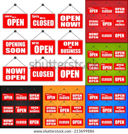 Red Open and Closed Signs isolated on Color Background. Vector Illustration.