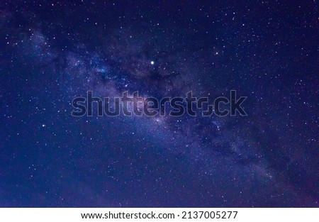 Panoramic shot of Milky Way Galaxy on a blue night, Astro Photography. Photo of spiral galaxy. Image contains noise