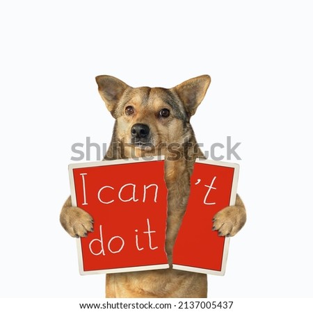 A beige dog tears a red sheet of paper that says I can't. White background. Isolated.