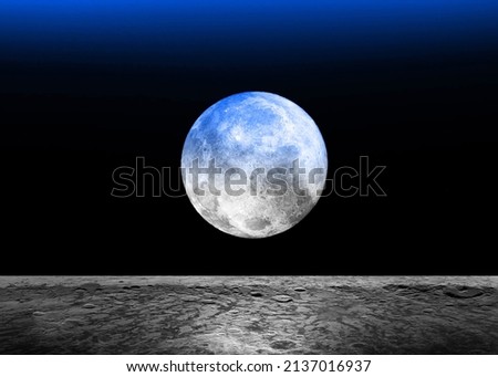 Flat lunar surface. Blue reflections from earth to moon. Moon and super colorful deep space. Background night sky with stars, moon and clouds. The image of the moon of incomparable beauty.