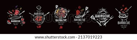 A set of drawn vector barbecue illustrations isolated on a black background Royalty-Free Stock Photo #2137019223