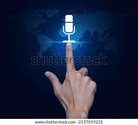 Hand pressing microphone flat icon over digital world map technology style, Technology communication concept, Elements of this image furnished by NASA