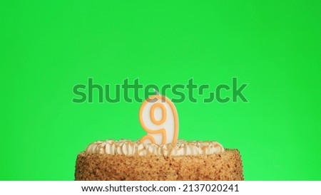 Cake with lighted candle number 9. Green screen background. Isolated.