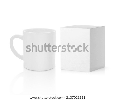 Coffee cup and blank packaging white cardboard box on white background Royalty-Free Stock Photo #2137021111