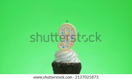 Lighting the number 9 birthday candle on a delicious cupcake. Green screen