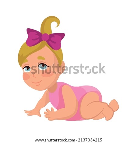 Baby girl learning to crawl, isolate on white background - Vector illustration