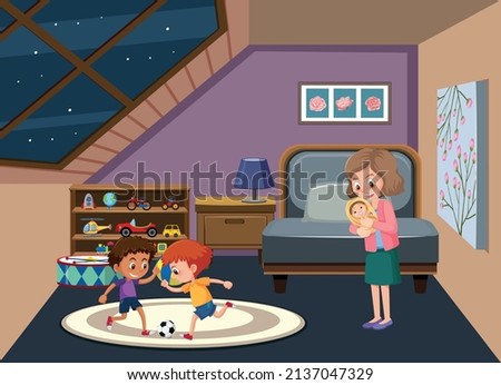 Garret room scene with family members illustration