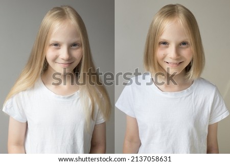 A young girl with long blonde hair, an image before and after her hair cut into a short bob. Royalty-Free Stock Photo #2137058631