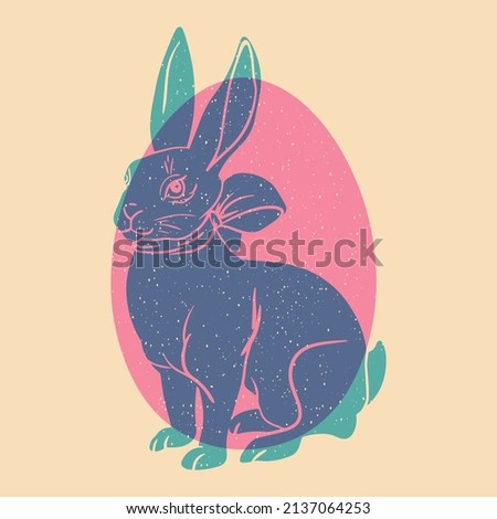 Ester bunny. Colorful cute screen printing effect. Riso print effect. Vector illustration. Graphic element  for fabric, textile, clothing, wrapping paper, wallpaper, poster.