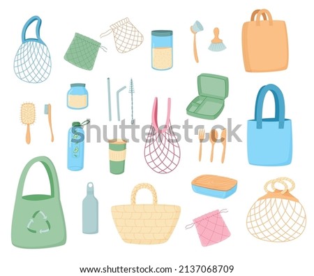 Reusable products. Cartoon zero waste package, food containers, water bottles and toothbrush. Vector set Royalty-Free Stock Photo #2137068709