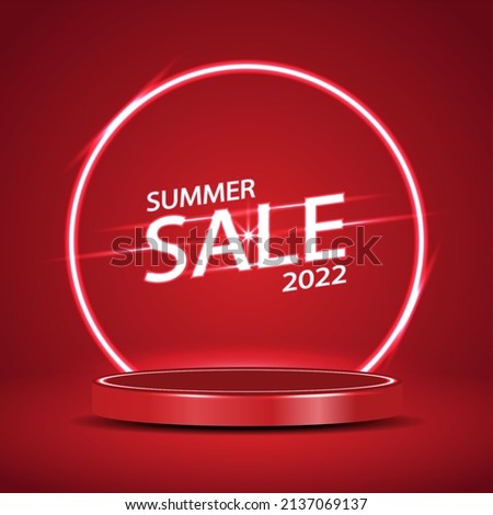 Red product display podium with fluorescent texts, Summer Sale 2022, in modern style. Vector illustration.
