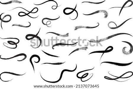 Set of Grunge Swoosh and swash tails. Wavy strokes, dirty curved strokes. Black paint wavy lines, flourish brush stroke. Fancy underline vector, decorative graphic elements.