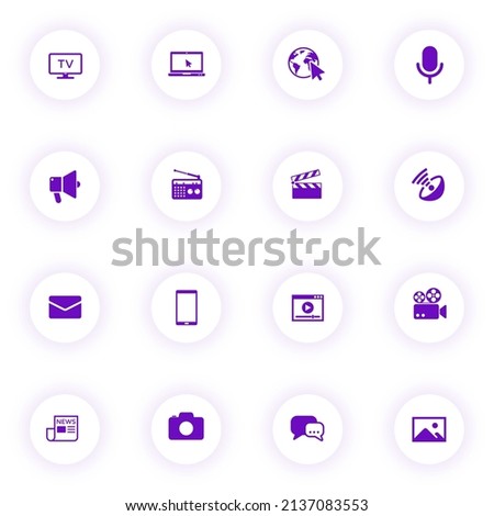 media purple color vector icons on light round buttons with purple shadow. media icon set for web, mobile apps, ui design and print