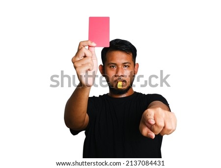 A picture of man showing red card on white background. Law violation and misconduct concept.