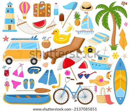 Cartoon beach, summertime symbols, cocktail, coconut, umbrella and slippers. Exotic fruits, boat and beacon vector illustration set. Snorkelling and diving elements. Beach summer cocktail Royalty-Free Stock Photo #2137085851