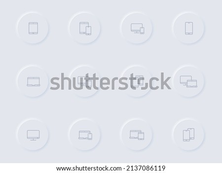 smart devices gray vector icons on round rubber buttons. smart devices icon set for web, mobile apps, ui design and promo business polygraphy