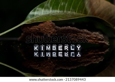 Mote alphabet blocks arranged into the name "Kimberly" on a background of bark and leaf.