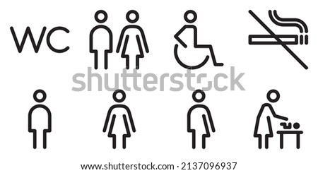 Toilet line icon set. WC sign. Men,women,mother with baby and handicap symbol. Restroom for male, female, transgender, disabled. Vector graphics Royalty-Free Stock Photo #2137096937