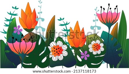 Vector color background, banner with exotic bright flowers and leaves in cartoon style, EPS10. Royalty-Free Stock Photo #2137118173
