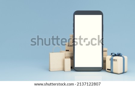 Concept online Sopping. boxes, parcel, cardboard box and shopping bag with Smartphone Online Shopping screen isolated on blue background 3d rendering illustration