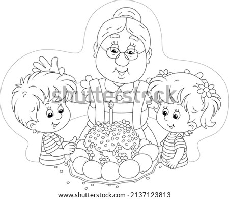 Happy granny and little kids at their festive table with a traditional sweet holiday cake and painted Easter eggs, black and white outline vector cartoon illustration for a coloring book page