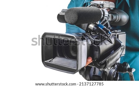 Cameraman isolated on a white background. Videographer with camera smiling.