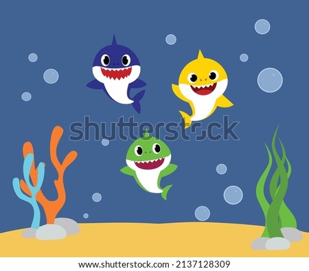 Shark cards. Birthday invite, happy child party in ocean style. Cartoon sharks characters.