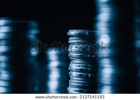 Pile of gold coins money stack in finance treasury deposit bank account saving . Concept of corporate business economy and financial growth by investment in valuable asset to gain cash revenue . Royalty-Free Stock Photo #2137141183