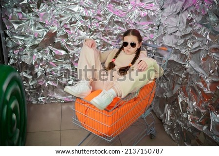 Portrait of a stylish girl on a silver background.