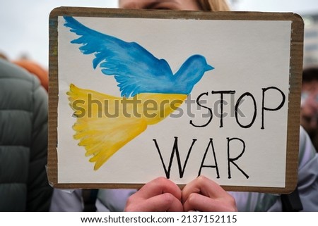 Stop the war Sign with dove with Ukranian flag colors
