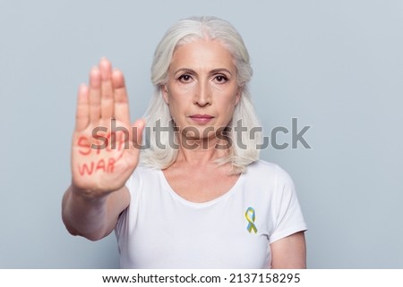 I stand with Ukraine conceptual collage photo elderly woman raise arm ask stop repression help world volunteer isolated background