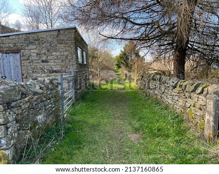 Grass pathway, running close to the moor, with a dry stone wall, building, and trees, on a sunny day in, Denholme, UK Royalty-Free Stock Photo #2137160865