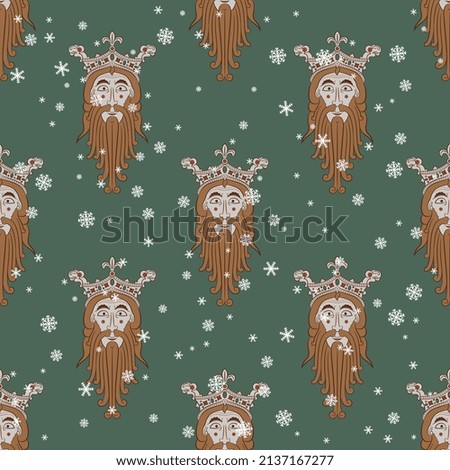 Seamless vintage pattern with heads of bearded men in royal crowns and snowflakes. Norse god Woden or Odin. On green background. Seasonal winter design.