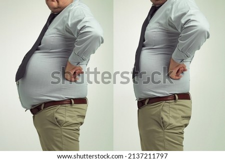 Less fat, more me. Before and after studio shot of a businessmans weight loss. Royalty-Free Stock Photo #2137211797